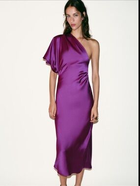 Zara One-Shoulder Satin Midi Dress in Vibrant Purple